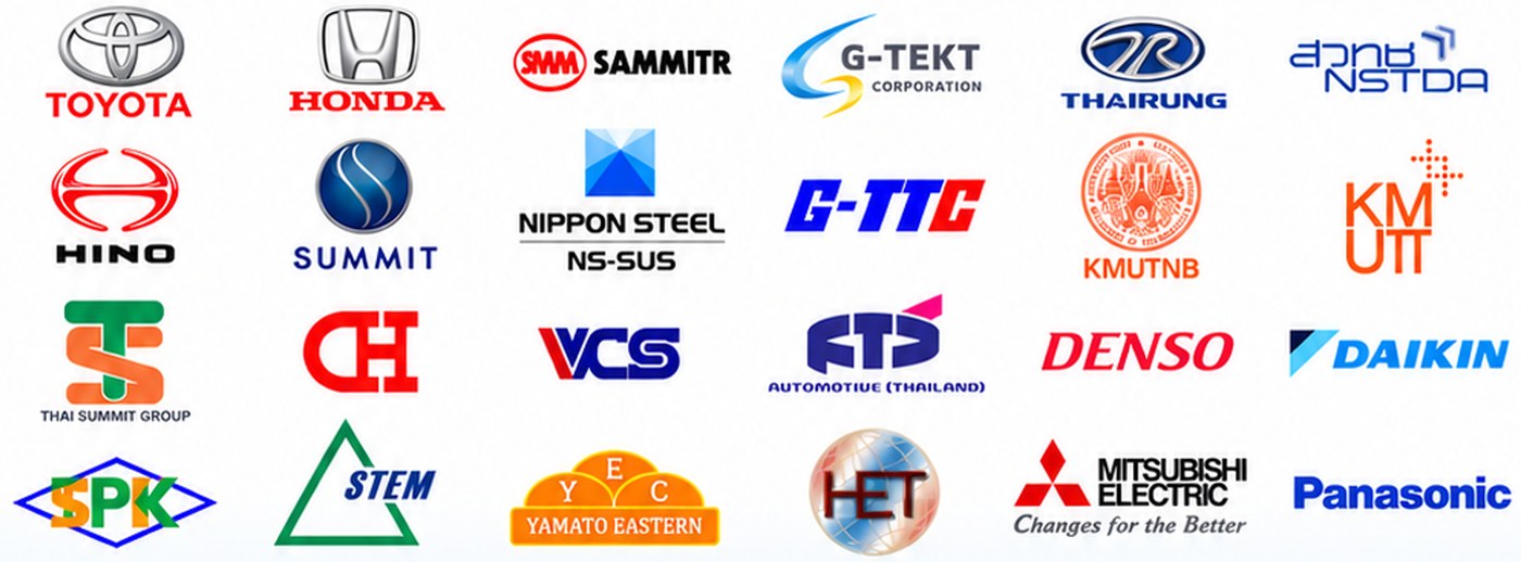 Selected customers: Toyota, Honda, Sammitr, G-Tekt, Thairung, NSTDA, Hino, Summit, Nippon Steel, G-TTC, KMUTNB, KMUTT, Thai Summit Group, CH, VCS, FTS Automotive, Denso, Daikin, SPK, STEM, Yamato Eastern, HET, Mitsubishi Electric, Panasonic