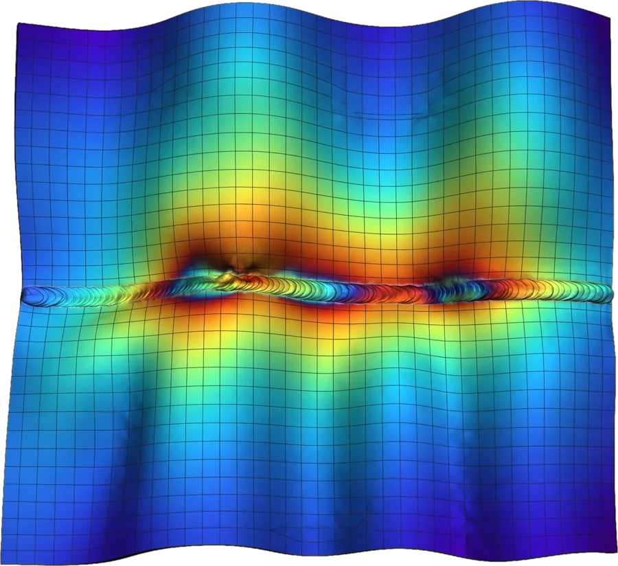 JWELD welding simulation: distortion contour on a welded plate